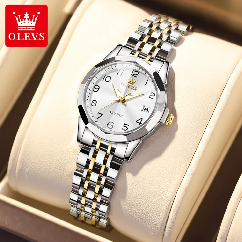 

OLEVS 9970 Quartz Watch for Women Rhombus Mirror Solid Stainless steel Strap Dual Calendar Display Digital Dial Ladies Watch Set