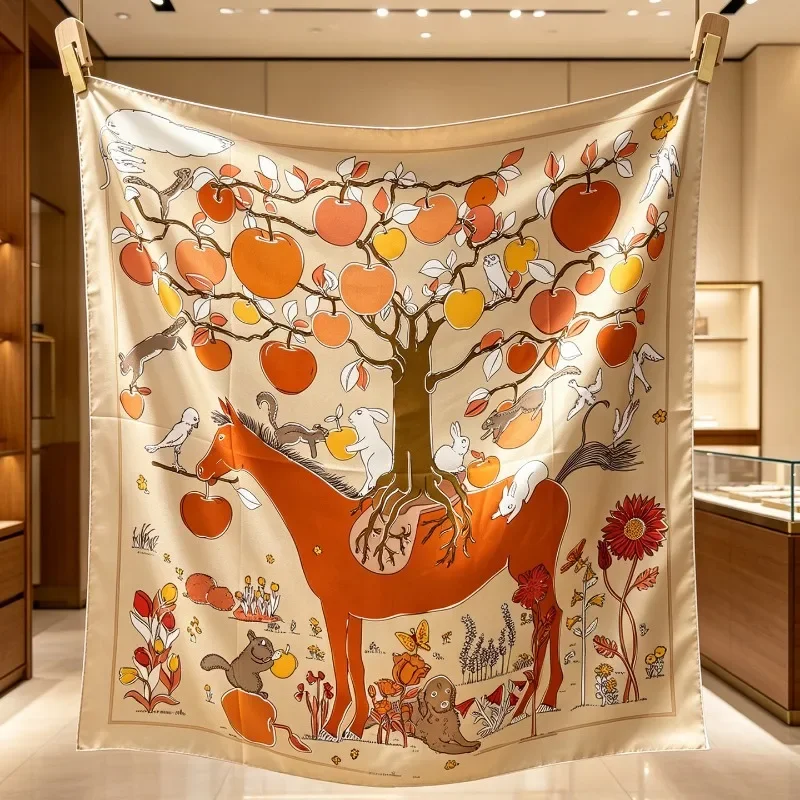 88x88CM 100% MULBERRY SILK 14MM Twill Silk Square Scarf Fairy Tale Apple Tree Horse Print Wrap Shawl Women Luxury Gift