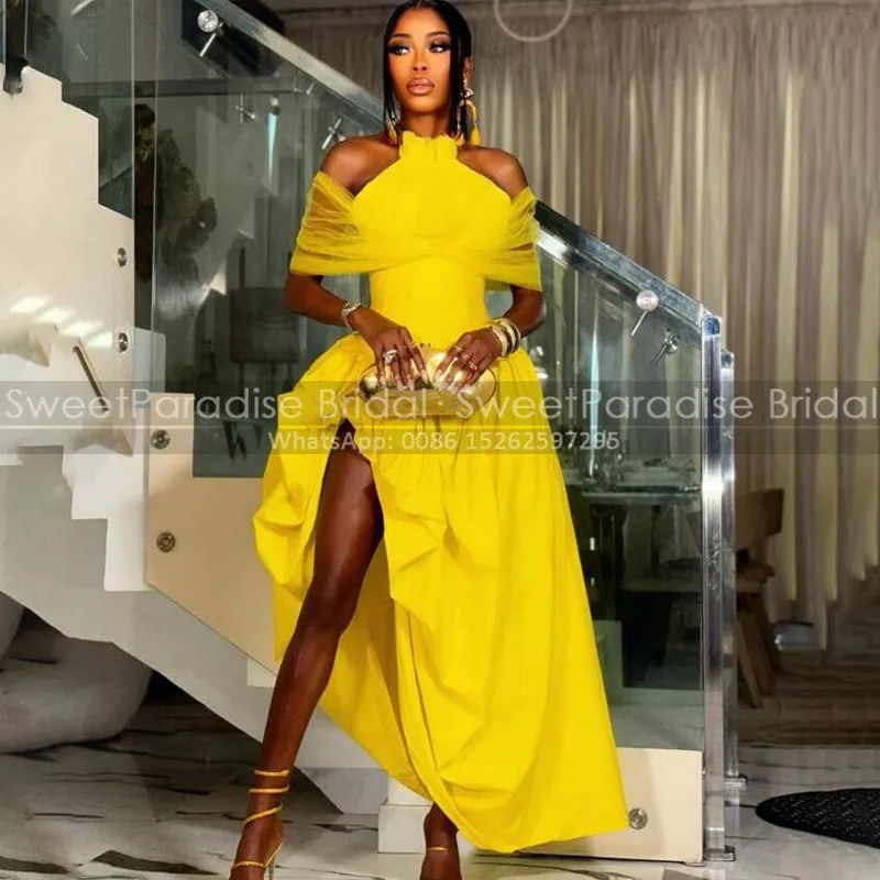 

Customized A Line Prom Dresses A Line High Split Off Shoulder Long Gold Yellow Satin Ankle Length Evening Dress Party