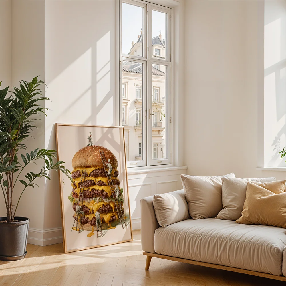 Creative giant hamburger worker illustration wall decoration for the living room and kitchen, fun home gifts, 2D printed poster