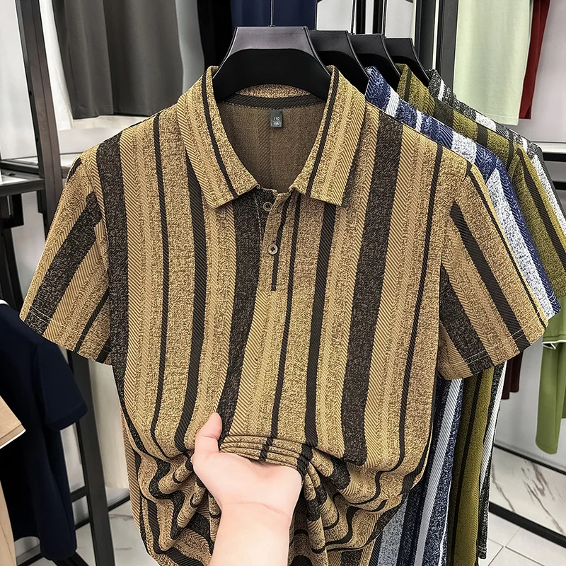 Herren Strukturierte Vertikal Gestreifte Kurzarm-Poloshirts Lässige Business-Oberteile Atmungsaktiv Knitterfrei Sommerkleidung – Detail 7
