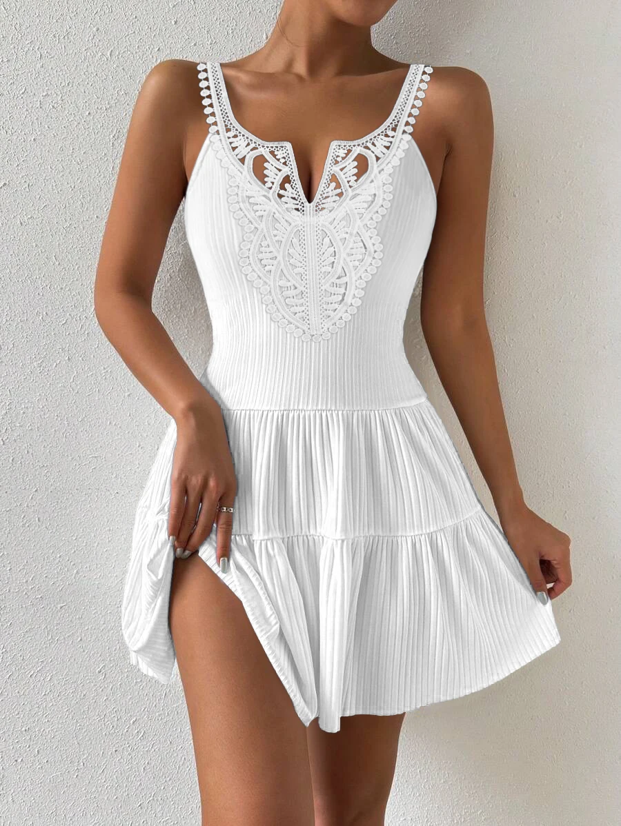 

Dress Summerv-Neck Sleeveless Lace Patch A-Line Lace Patchwork Hollow Neckline Cinched Waist Solid Color Sleeveless Dress