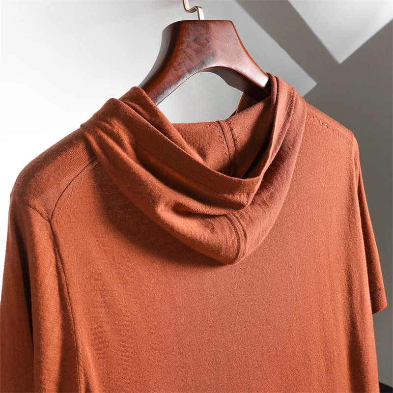 High End Men's 100% worsted Wool T-shirt Hooded Collar Pullover Casual Business Knit Short Sleeved Summer Soft Comfortable Tees