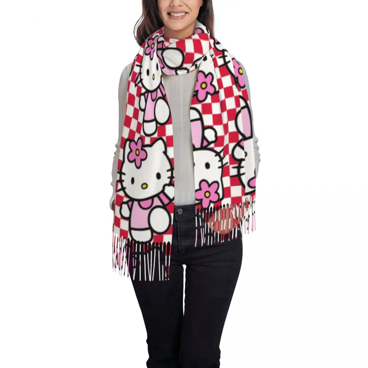 Bufandas personalizadas de Hello Kitty para mujer, chal grueso y cálido con borlas, bufanda blanca, Invierno