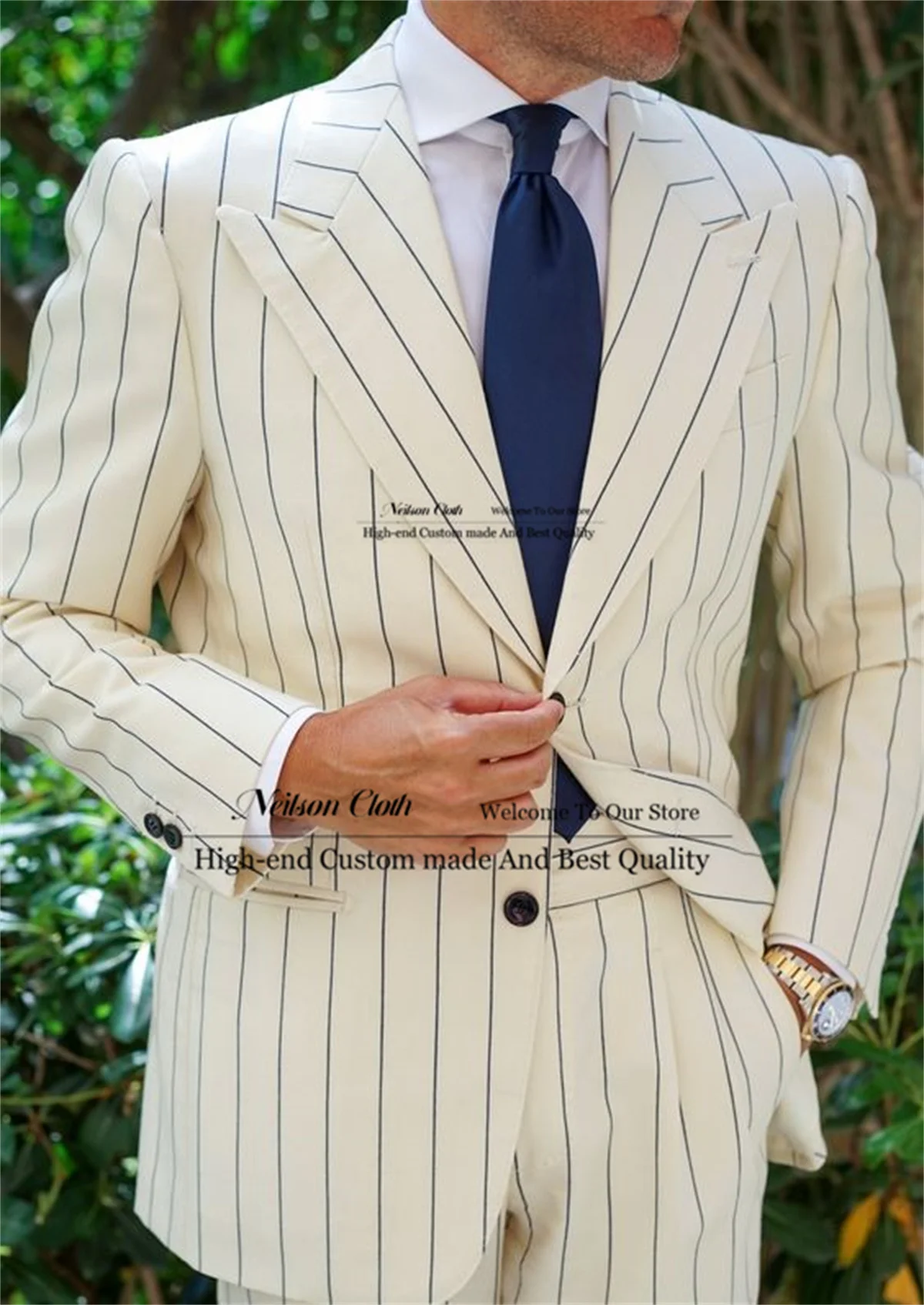 

Fashion Beige Male Prom Blazers 2 Pieces Sets Stripe Groom Wedding Tuxedos For Men Slim Fit Peaked Lapel Office Terno Masculino