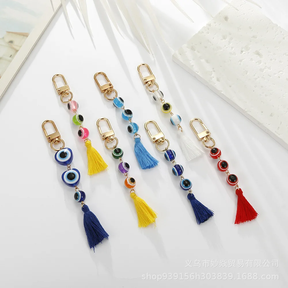 Fashion Blue Devil's Eye Keychain Lucky Talisman Tassel Keyring Bag Pendant for Women Car Trinket Key Ring Key Holder Gift