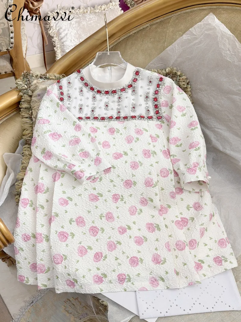 

2026 Spring and Summer New Fashion Printed Heavy Dress Women French Sweet Girl Gorgeous Beaded Elegant Party Short Dresses