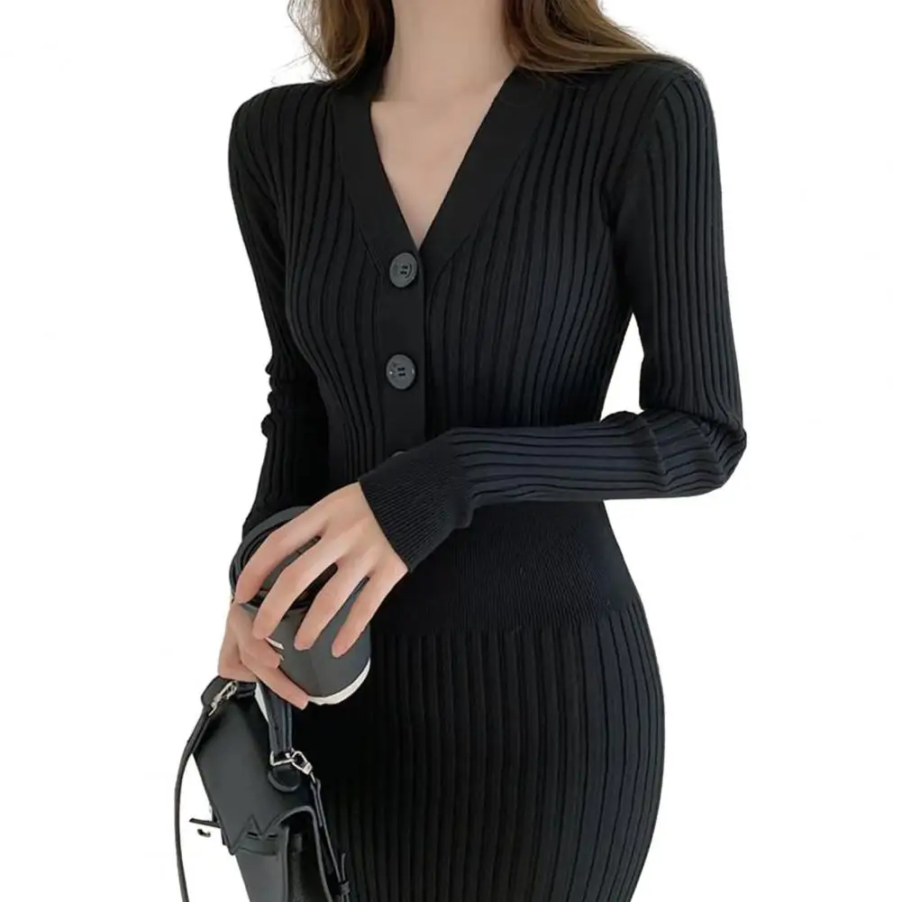 

Dresses Women Knitted Thick Solid Color High Elasticity V Neck Buttons Long Sleeve Mid-calf Length Sheath Tight Waist Slim Dress