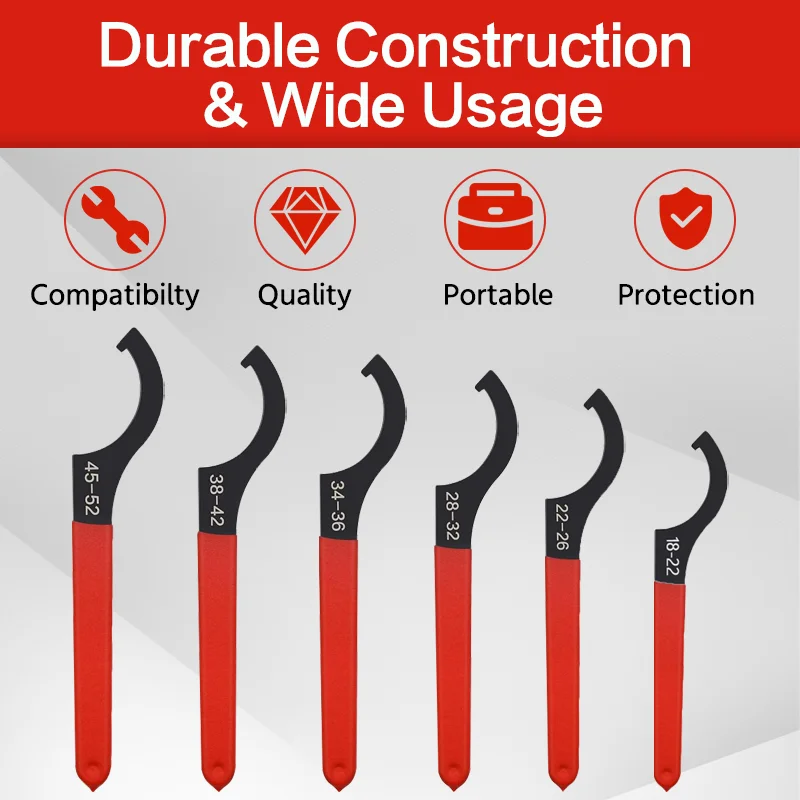 Professionele haaksleutel, antislip handvat, halvemaanvormige universele haaksleutel, koolstofstaal, voor ronde moer C-type en watermeterdeksels, autoreparatiegereedschap