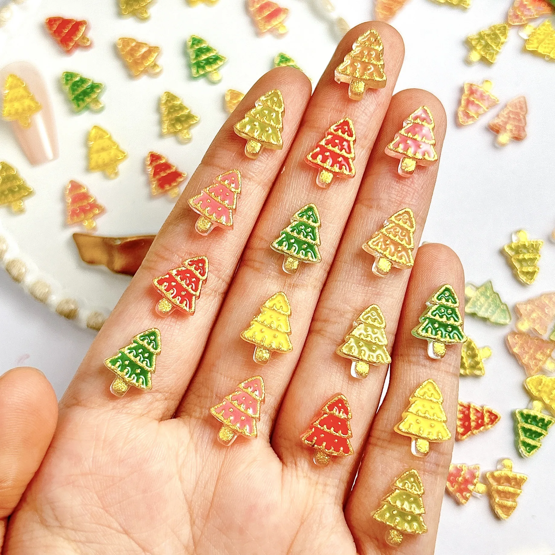 40PCS Gold-rimmed 3D Acrylic Nail Art Christmas tree Charms Accessories For Glitter Nail Decorations Manicure Decor Supplies