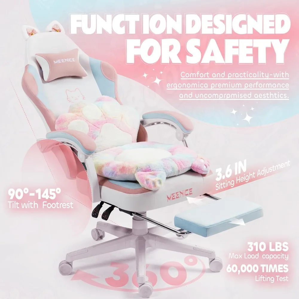 Gaming Chair Cute with Cat Ears Paw Lumbar and Cushion,Ergonomic Computer Chair with Footrest,Reclining PC Game Chair for Girl