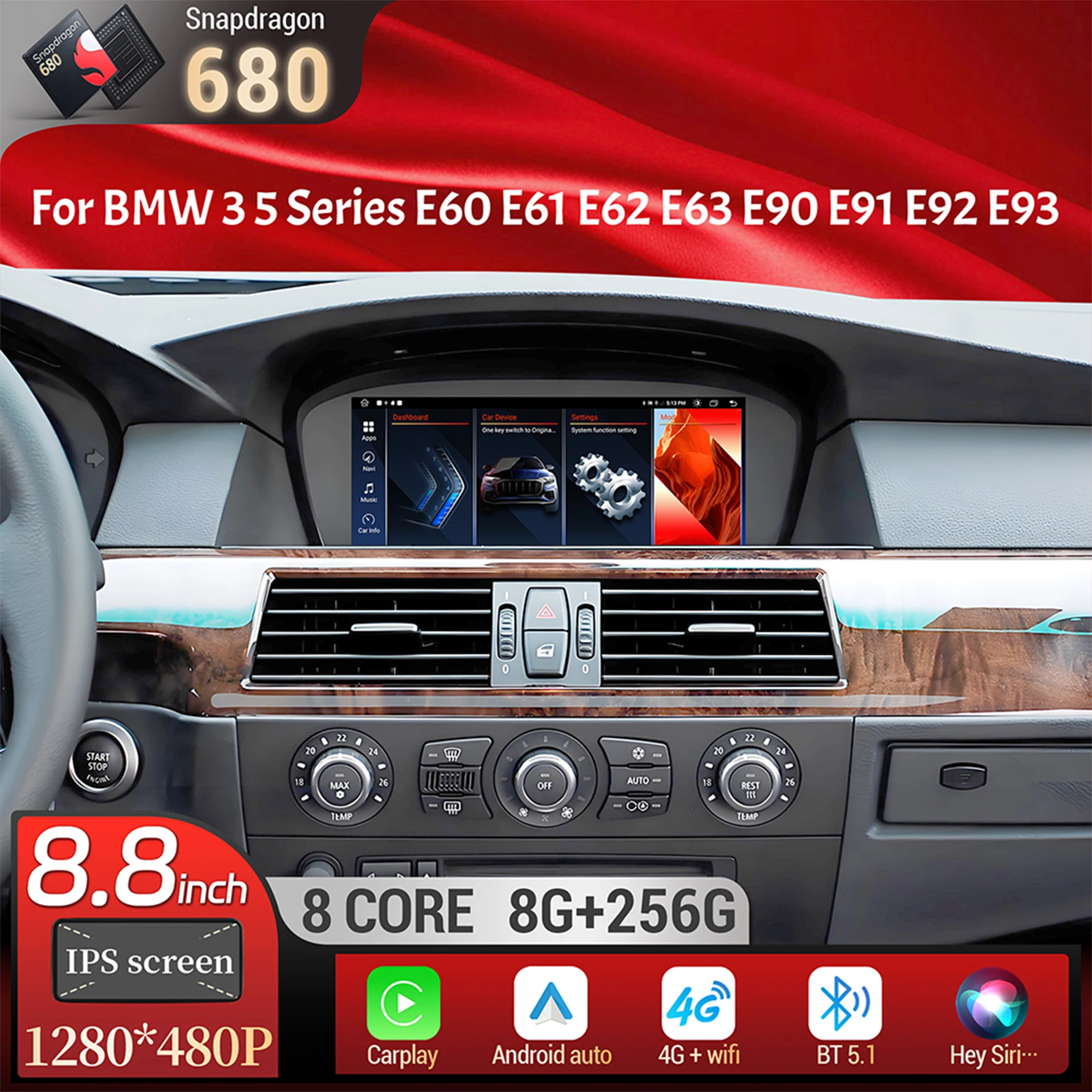 

8,8-дюймовый Android 13 для BMW 3 5 серии E60 E61 E62 E63 E90 E91 E92 E93 Беспроводной BT Carplay Qualcomm Snapdragon 680 Сенсорный экран