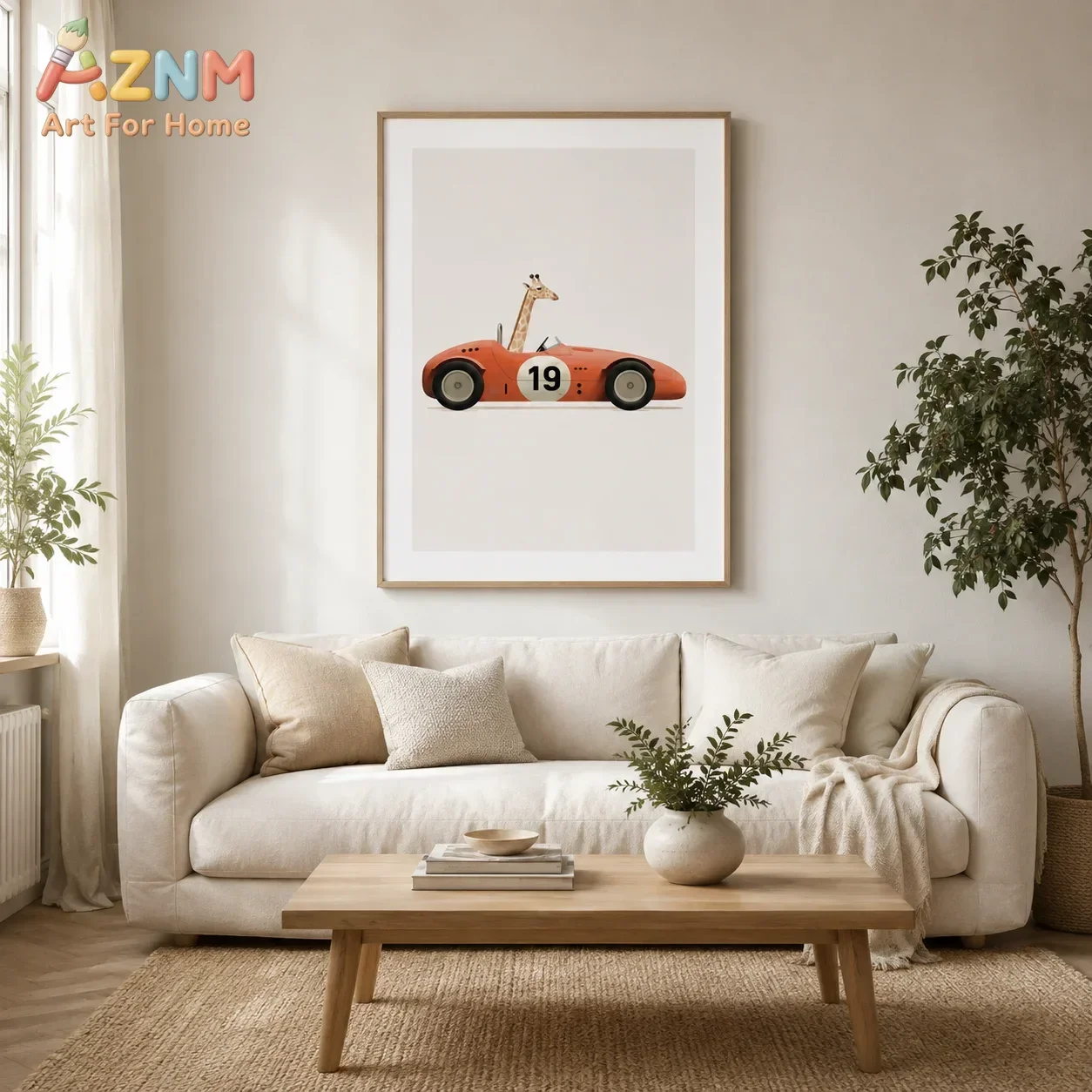 AZNM Cute Giraffe In Red Vintage Race Car Canvas Wall Art Funny Animal Print Poster Minimalist Boys Nursery Kids Room Decor Unfr