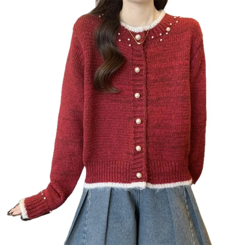 سترة صوفية محبوكة بأزرار لؤلؤية بتصميم أحمر للعام الجديد للربيع والخريف فضفاضة برقبة دائرية