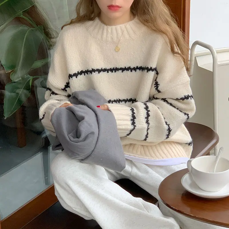 Lazy style round neck pullover sweater for women Korean style striped contrasting loose long-sleeved sweater top autumn y2k top