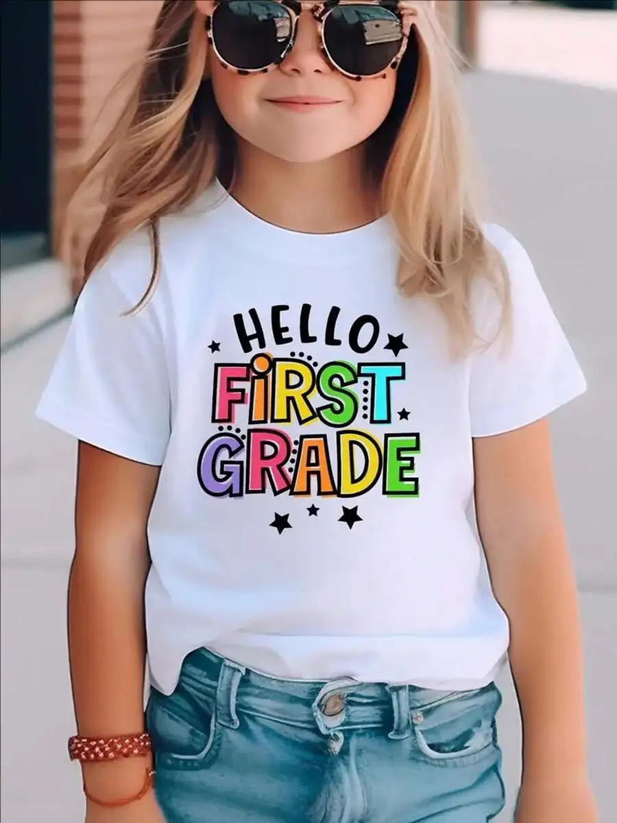 [Cotton Girl's T-Shirt] Cotton Girl's T-Shirt | Hello, First Grade Letter Print And Star Print Comfortable And Casual Round Neck