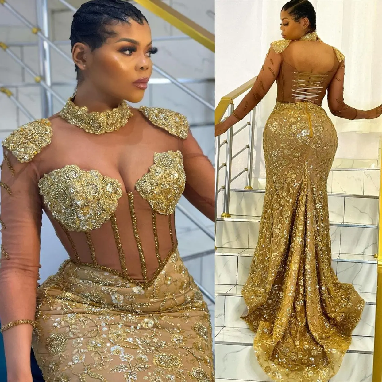 Gold Plus Size Mermaid Prom Dresses Long Sleeves High Neck Crystals Beaded Lace Applique Evening Gown Formal Occasion Vestidos