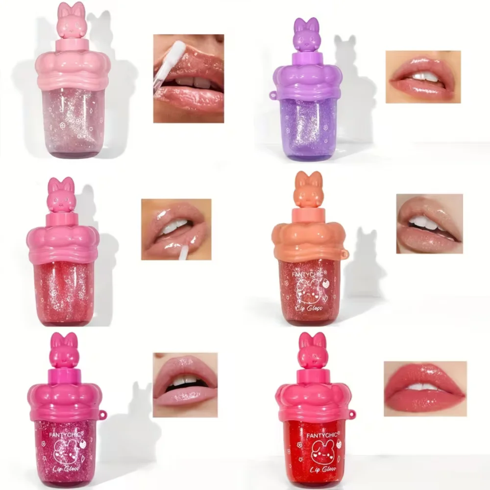 Juego de brillo de labios lindo oso y conejito, brillo de labios teñido con aceite de labios brillante con llavero, lápiz labial brillante, maquillaje para niñas, 4 Uds.