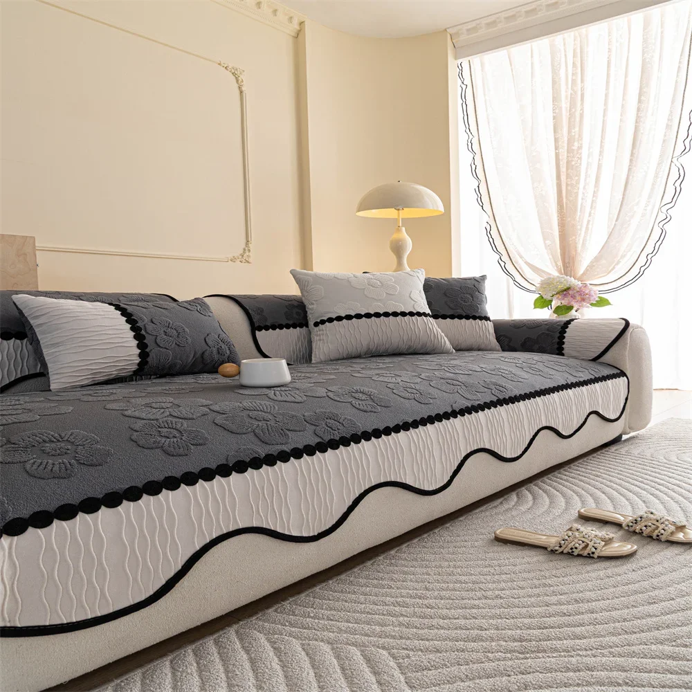 Retro Chenille Sofa Cushion Cover Universal Non-Slip Fixed Straight Row All-Seasons Slipcover for Home Comfort