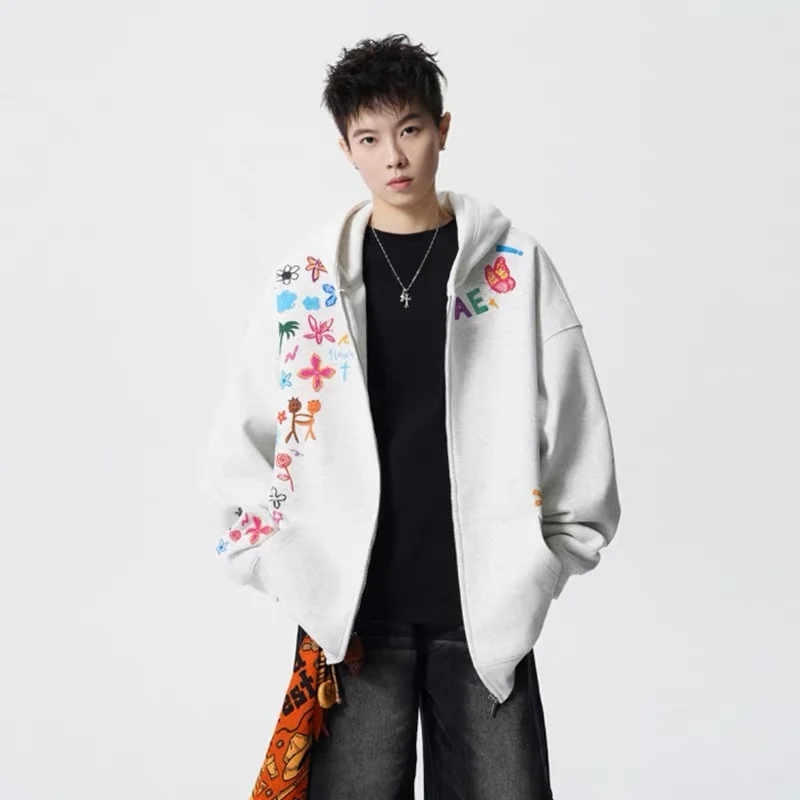 

Мужская толстовка оверсайз с капюшоном, на флисовой подкладке, повседневная, свободного кроя, спортивная, модная, осенне-зимняя, на молнии, из полиэстера