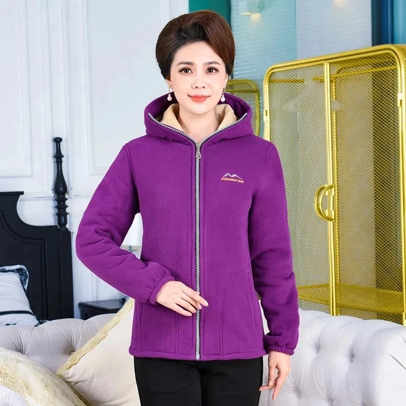 

2023New Autumn Coat Mid-aged Women Fleece Jackets Casual Thicken Warm Overcoat Hooded Outwear Mother Winter Coat Ladies Top 5XL