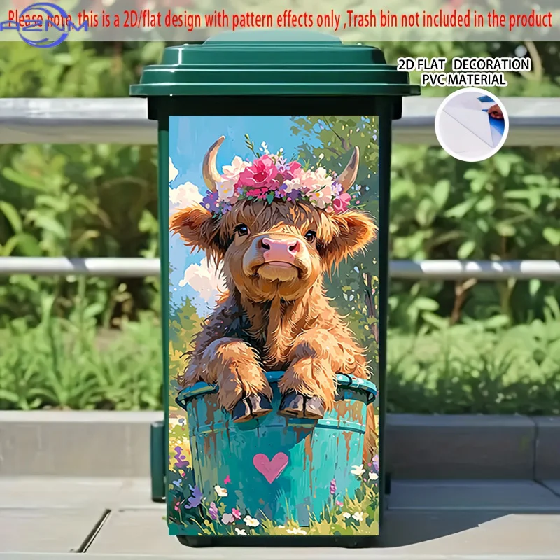 [2D Flat Printing] 1pc 2D Pattern Printed Kitchen Trash Can Sticker, X inch, Cute Cow Admiring Flowers Theme Kitchen Home Deco