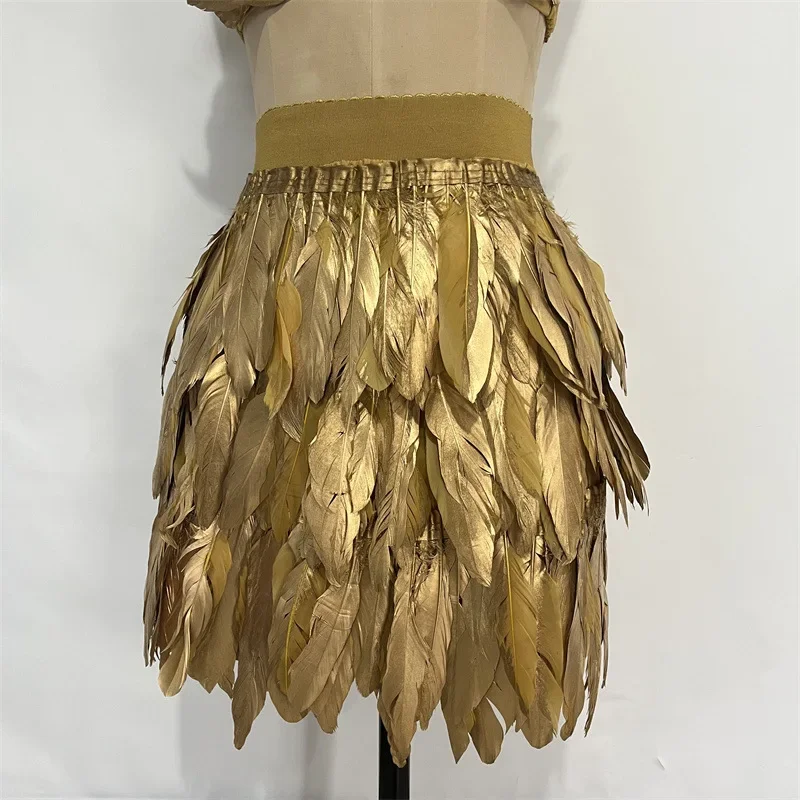 Gold Feather Bra Skirt 2 Piece Set Carnival Festival Rave Outfit Stage Performance Show Party Gogo Dancer Costume Jazz Cosplay