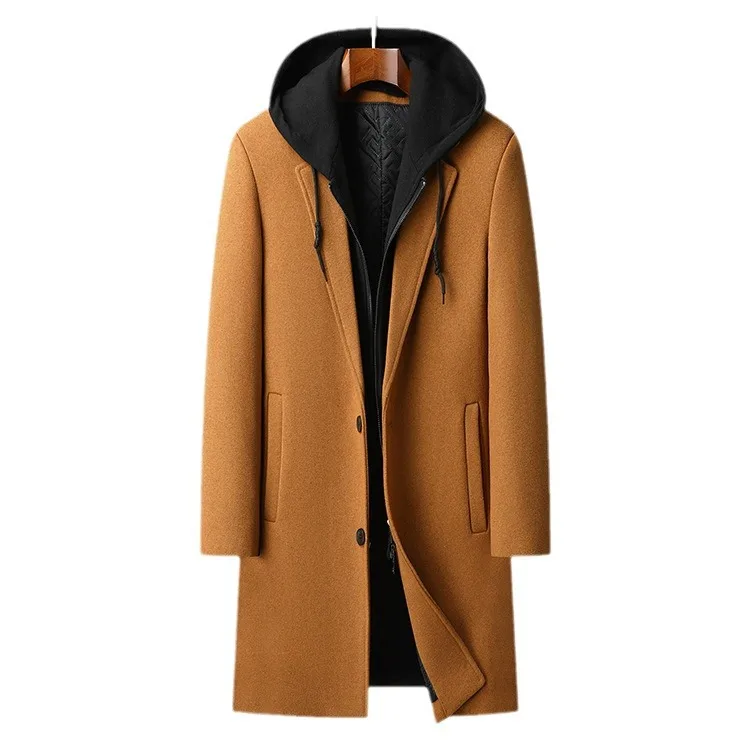 

Men Hooded Wool Jacket Single Breasted Blends Patchwork Overcoats Cardigan Outerwear Loose High Street Long Sleeve Autumn