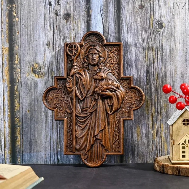 Wood Faith Carving Jesus Shepherd Icon Sculpture Plaque, Catholic Saints Image, Christian Home Wall Decor