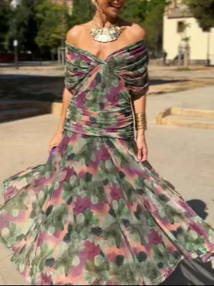 New Printed Mesh Women's Dress Fashion V-neck Sexy Off-shoulder Pleated Tight Party Elegant Short-sleeved Bohemian Dress Vest