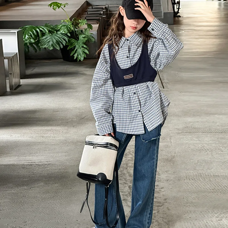 

Korean School Girls 3pcs Ouitfit Autumn Plaid Turn Down Collar T-shirt+Knitted Vest+Patchwork Bootcut Jean 4-14Y Girls Sets