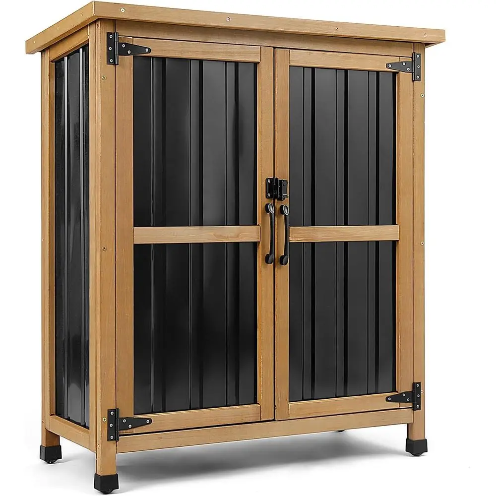 

Уличный шкаф для хранения с запирающейся дверцей, деревянный и металлический садовый сарай, ящик для хранения на открытом воздухе для инструментов, садового оборудования и принадлежностей для бассейна