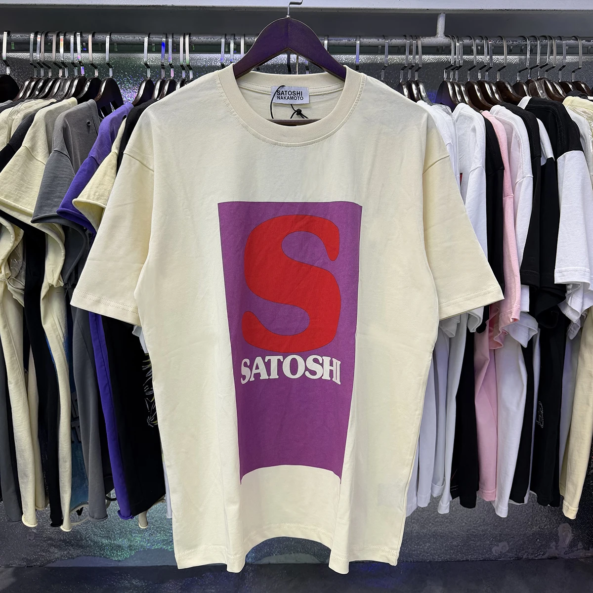 Vintage Square Letter Print T-shirt Satoshi Nakamoto Loose Fit Cotton Tees Men Hip Hop Street Style Casual Short Sleeve Shirts