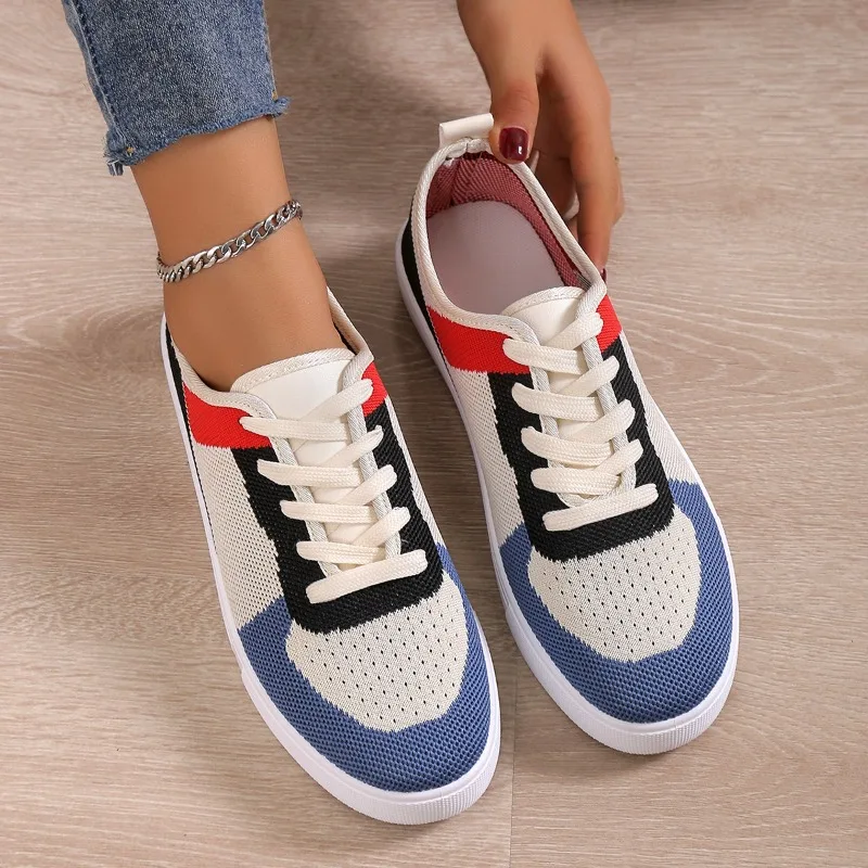 2023 Hot Sale Shoes for Women Lace Up Women's Vulcanize Shoes Autumn Mixed Colors Breathable Mesh Shoes Ladies Flat Casual Shoes