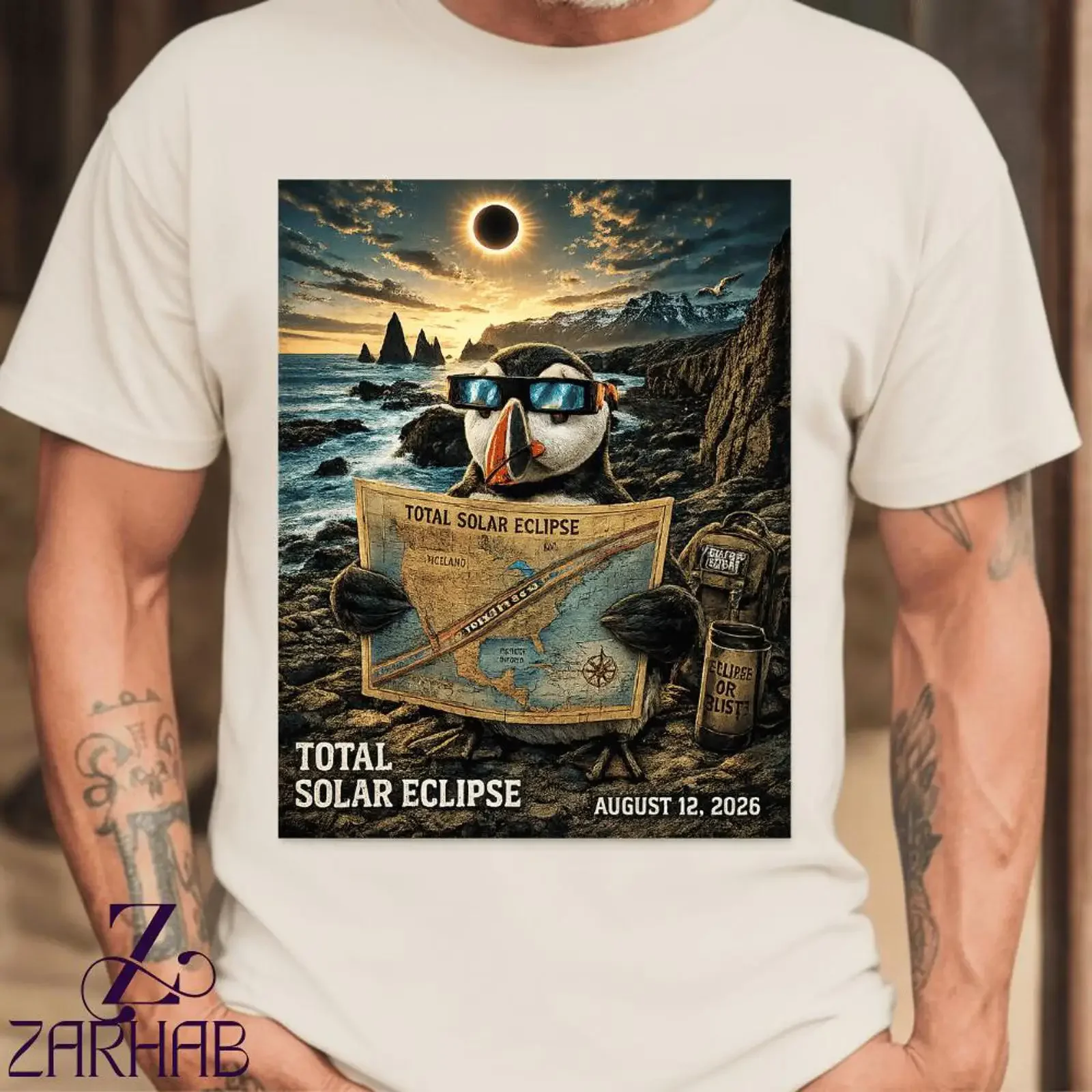 2026 August 12 Total Solar Eclipse T Shirt Funny Puffin Iceland Watching for Traveler  vintage Washed Unisex homme Breathable