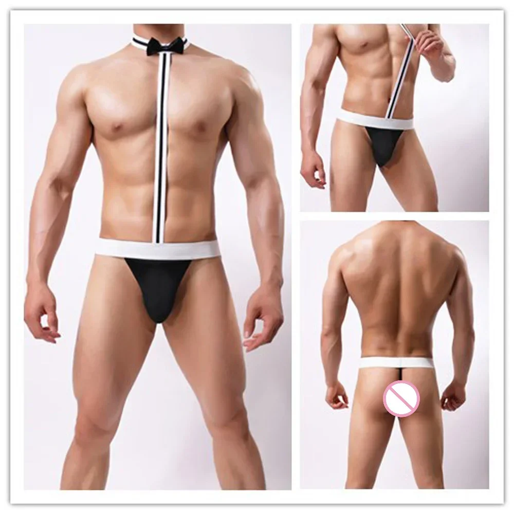 Sexy Men\'s Bow Tie Thong Underwear Novelty G-string Homme Mankini Lingerie Set Bodysuit Performance Male Erotic Costume Lingeria