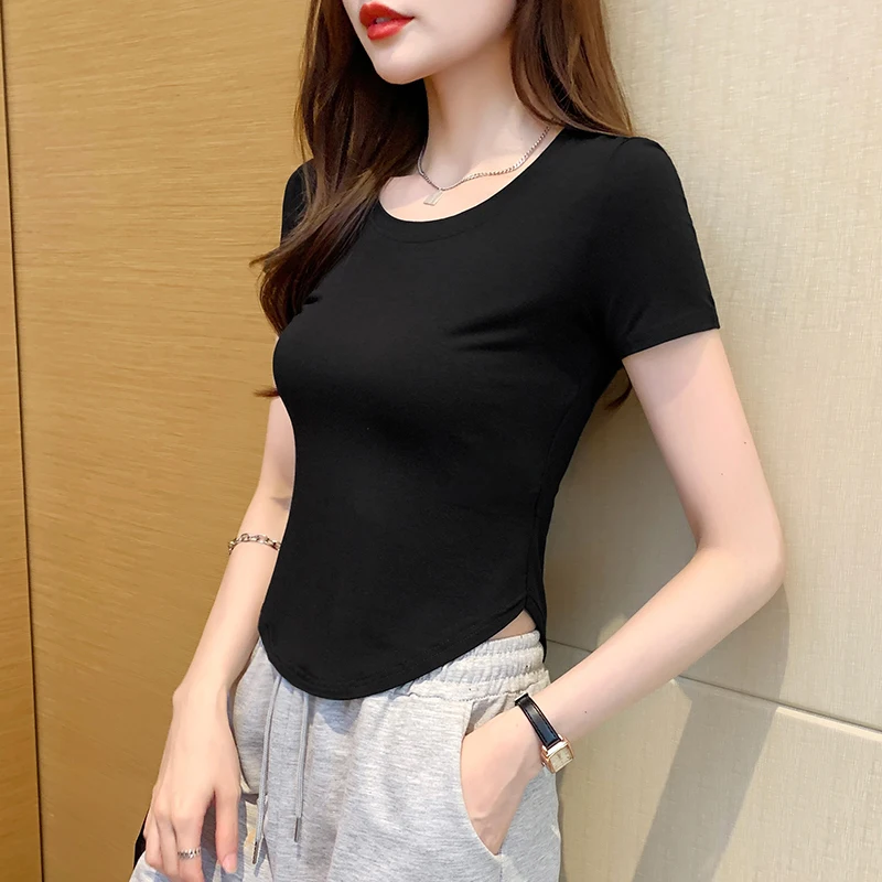 

Women's O-Neck Short Sleeve T-Shirt Slim Tops Monochromatic Temperament All-match Clothes Office Lady Simplicity Summer Fashion