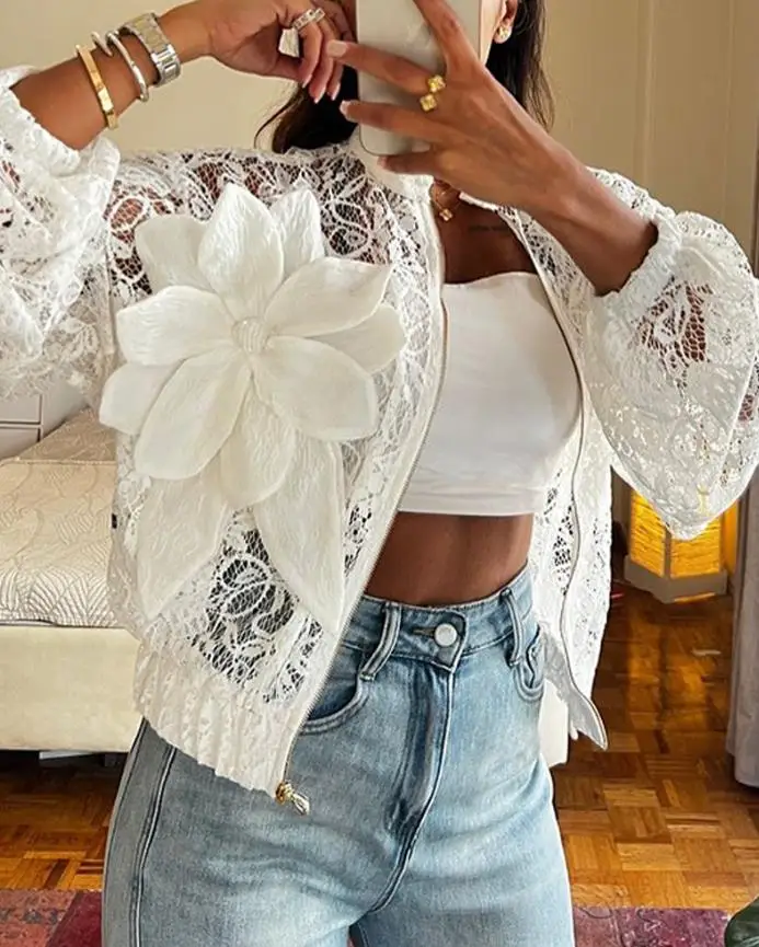 Women's Jacket 2025 Spring Autumn New Fashion 3D Flower Decor Lace See Through Crop Jacket Casual Loose Fit Long Sleeve Coat
