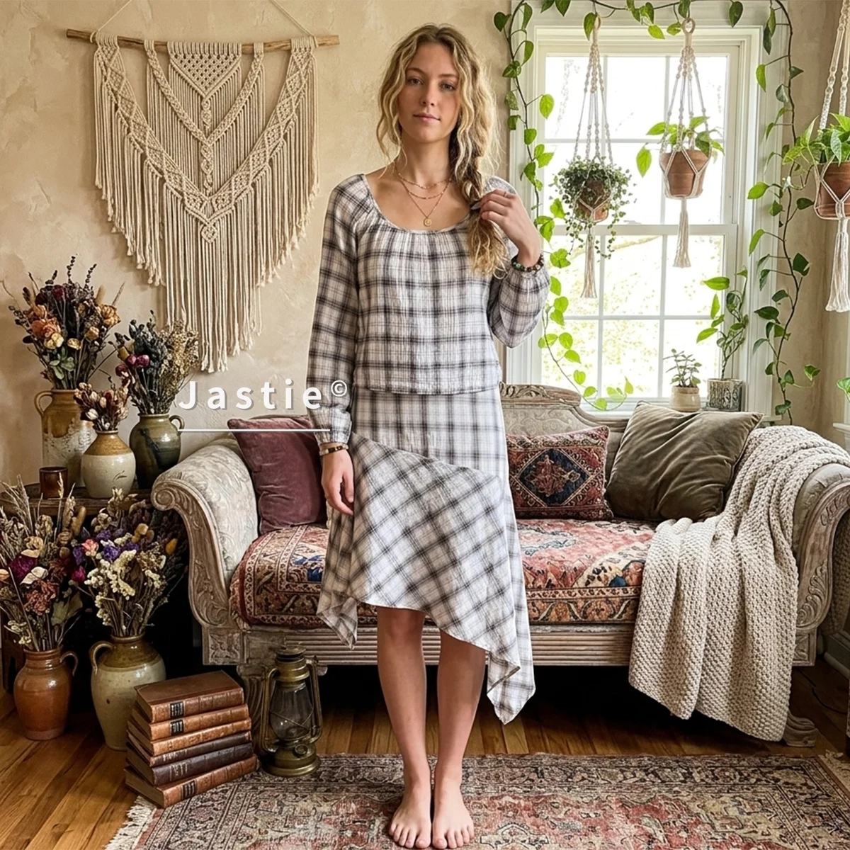 

Plaid 2 Piece Set Women French Vintage Puff Sleeve Square Neck Crop Top And Asymmetric Midi Skirt Suits Y2K Boho Matching Sets