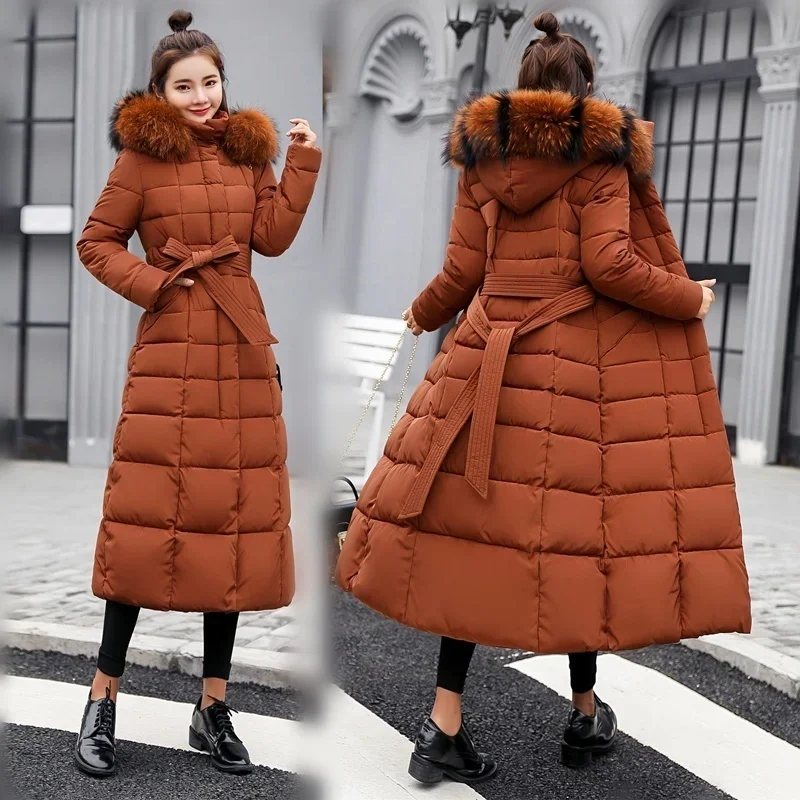 Hiver nouvelles femmes veste chaude mode confortable nœud ceinture col de fourrure de renard vêtements longue robe bureau décontracté femme épais manteau