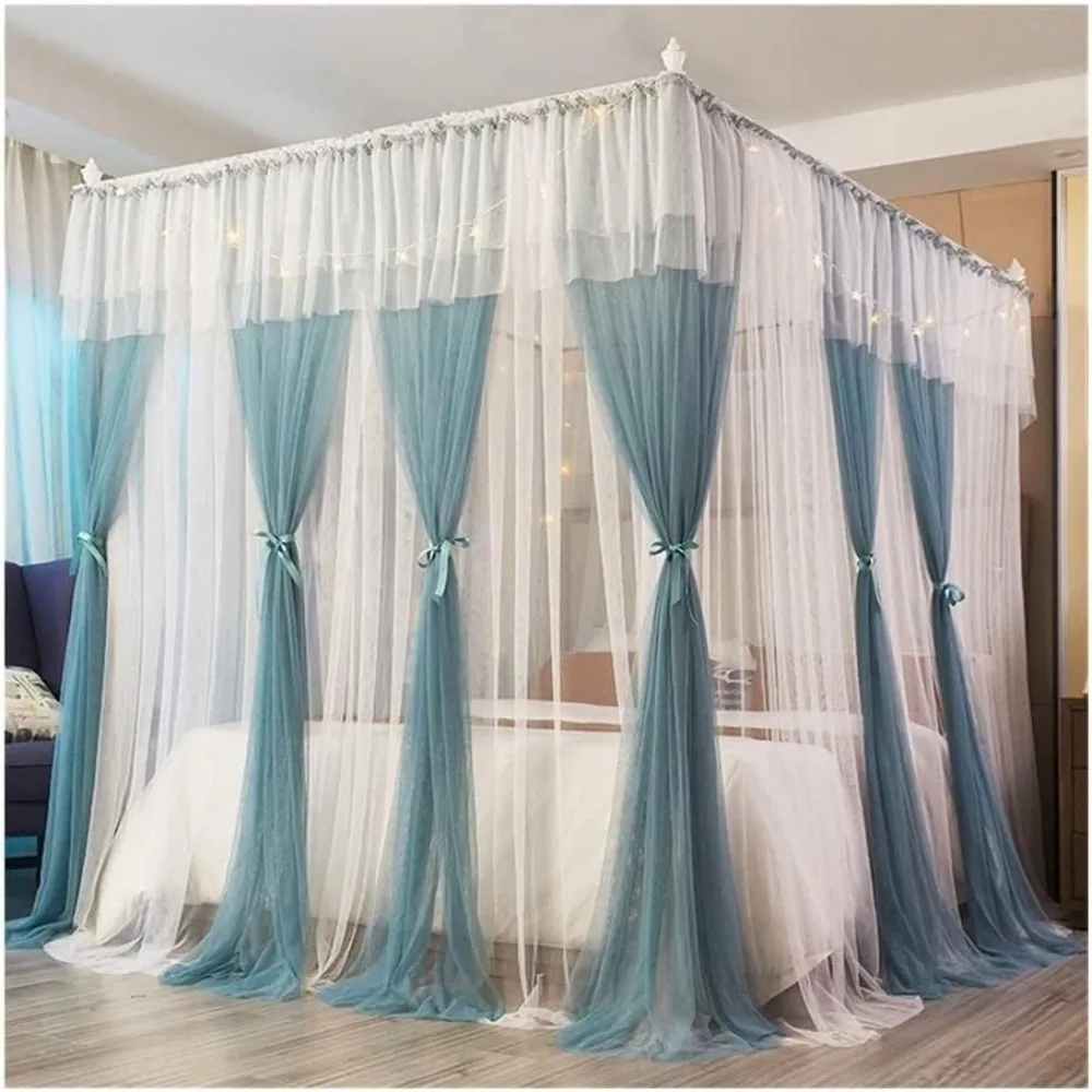 

Luxury 4 Corner Adult Bed Curtain Canopy Princess Mosquito Net with Sturdy e Double Layer Cozy Drapes Net Bed Room Decoration (C