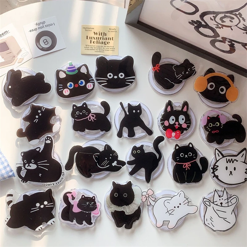 Korean Cute Cartoon Black Cat For Magsafe Magnetic Phone Griptok Phone Holder Stand Universal Phone Ring Grip Tok For iPhone 15