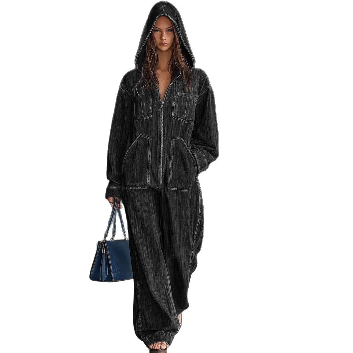 Pockets No Stretch Jeans Straight Leg British Style Women Jumpsuit with Long Sleeves Full Length Regular Sleeve Loose Waist