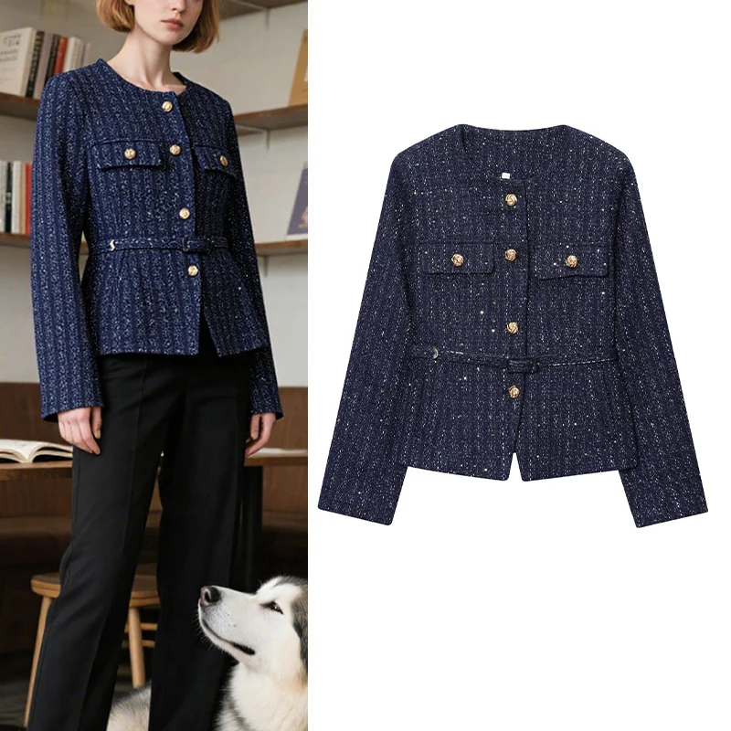 

Женская модная куртка Trafizaran 2021, женская маленькая твидовая туника с золотой пряжкой, блейзер с блестками для рабочего места и повседневных мероприятий