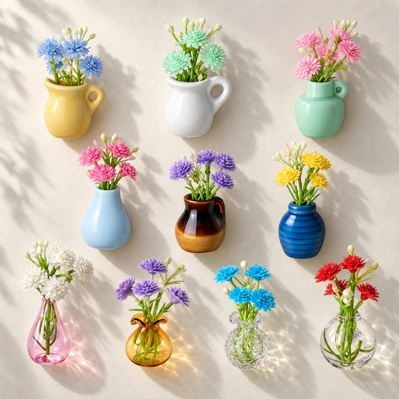 Mini Flower Holders, 10-Piece Set for Repositionable Displays on Iron Refrigerators and Storage Cabinets
