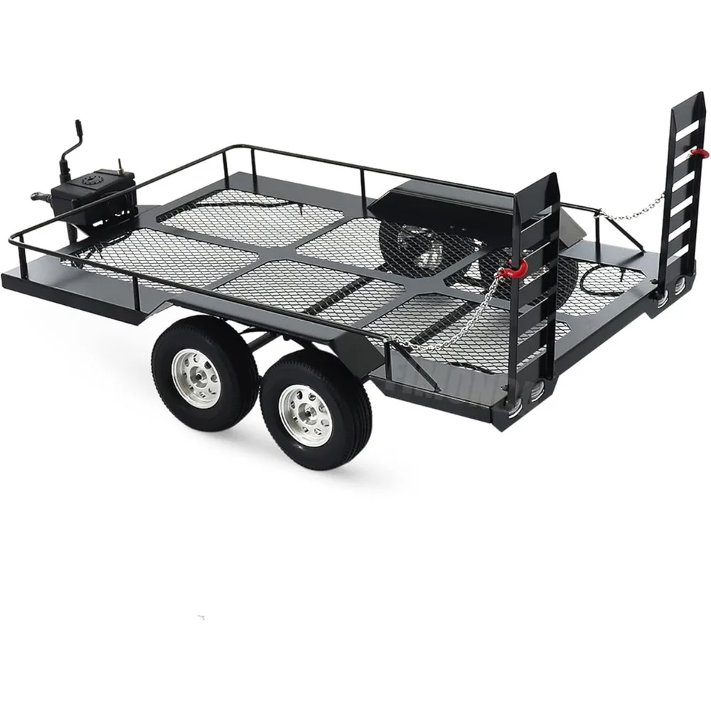 1/10 Scale Metal RC Trailer Kit with Elastic Kinetic Winch Strap, Compatible with SCX10, D90, TRX4, TRX6, Redcat GEN8, RGT 86100