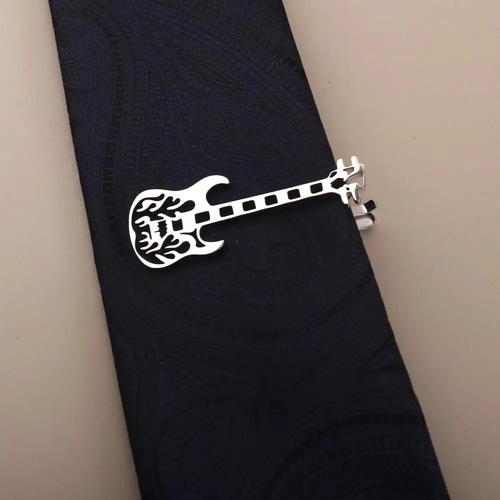 Creative Treble Clef Guitar Tie Clip Titanium Steel Punk Music Note Tie Pin Hip Hop Instrument Piano Necktie Buckle Men