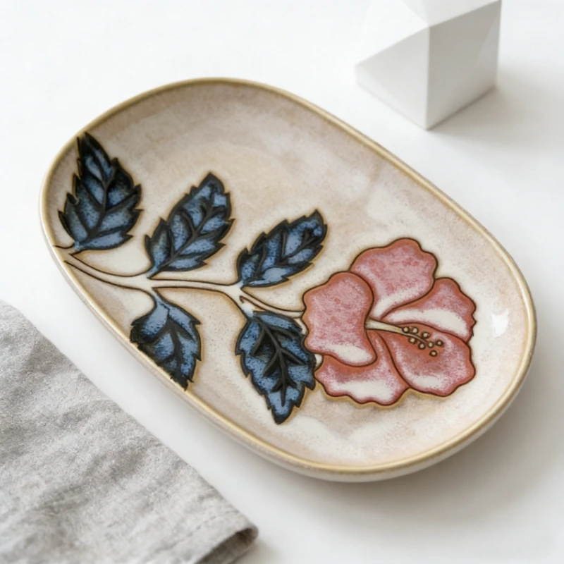 New Rose Flow Glaze Natural Kiln Change Ceramic Plate Underglaze Color Japanese Style Rice Bowl for Home Dining Table Daily Use