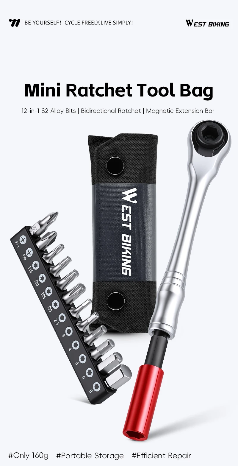 WEST BIKING Fahrradwerkzeug-Set mit Ratschenschlüssel, S2-Legierungsstahl-Bits, tragbares Fahrrad-Reparaturset mit magnetischer Verlängerungsstange – Detail 1