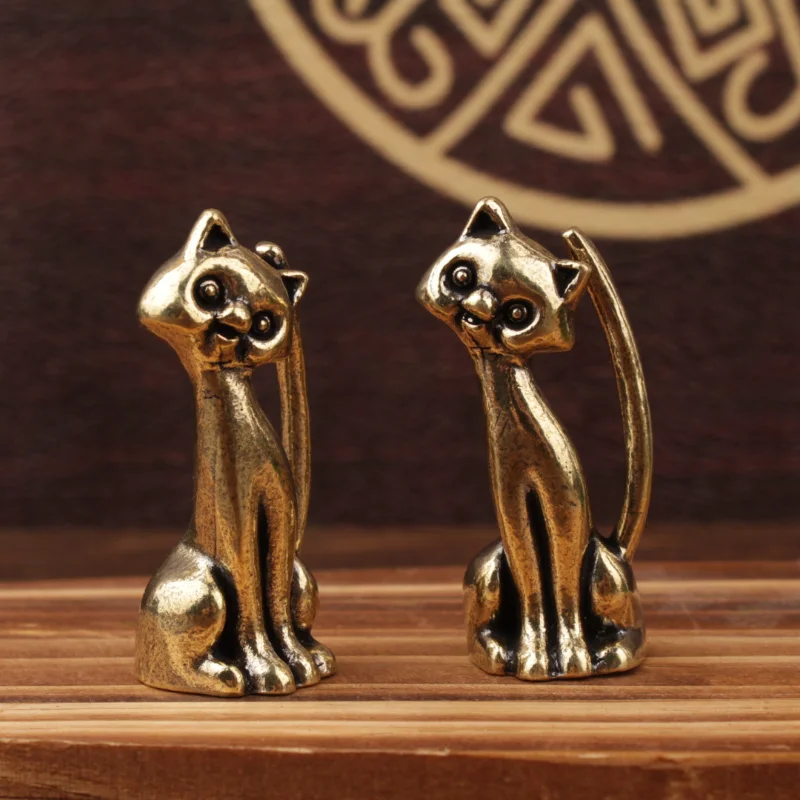 Funny Brass Cat Figurine Tiny Kitty Cat Statue Animal Figurines Crafts Desk Ornament Home Desktop Decoration Accessories